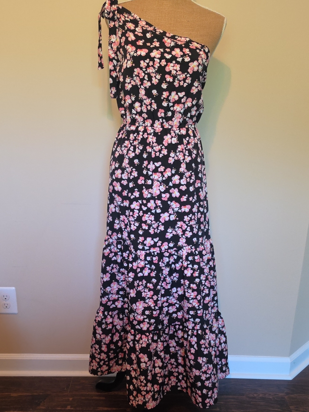 Women's One-Shoulder Black Maxi Dress with Pink Floral Print
